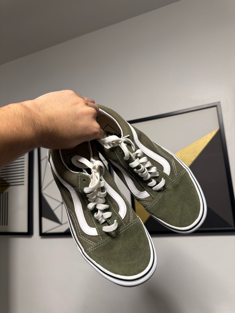 Vans Olive Green Low-Top Suede Sneakers with White Stripe